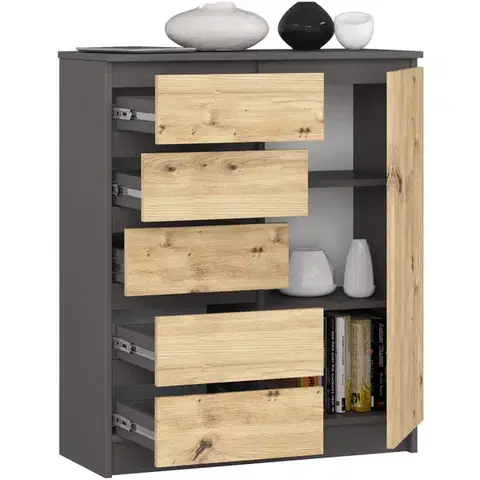 Komoda JERRY 80 cm 1 dvere 5 zásuviek grafitová/dub artisan