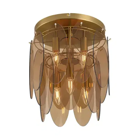 Art Deco plafondlamp goud met amber glas ovaal 6-lichts - Mochan