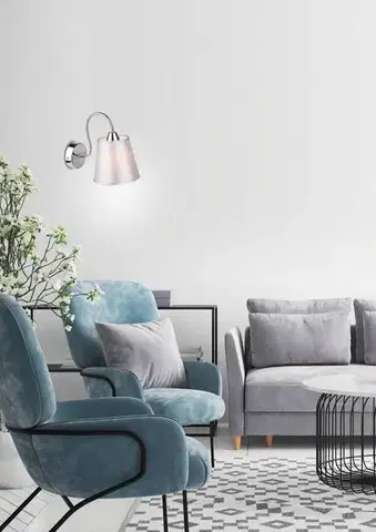 Okrúhla chrómová nástenná lampa so sivým látkovým tienidlom Luk