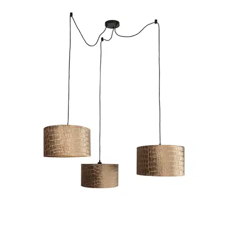 Závesná lampa čierna s tienidlom s krokodílím vzorom a zlatým interiérom 35 cm 3-svetlá - Cava