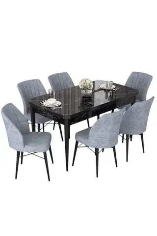 Extendable Dining Table & Chairs Set (7 Pieces) Nef - Black Marble, Grey