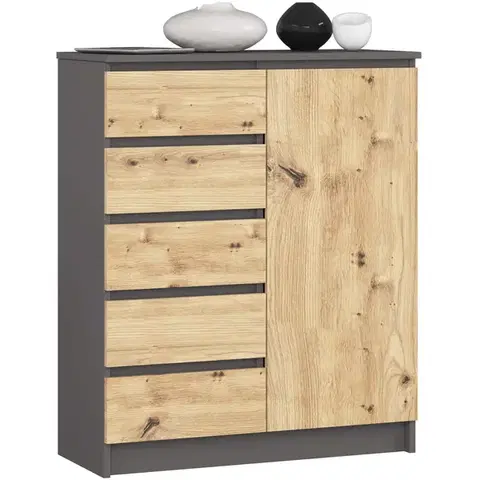 Komoda JERRY 80 cm 1 dvere 5 zásuviek grafitová/dub artisan