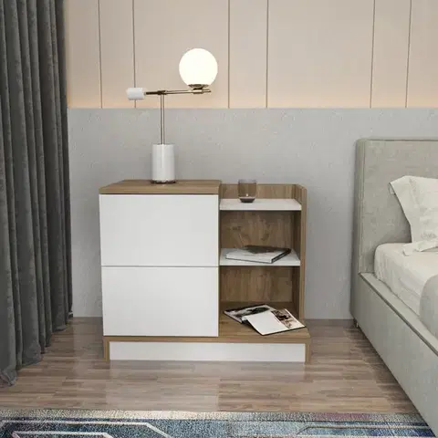 Nočný stolík Rena - White, Walnut