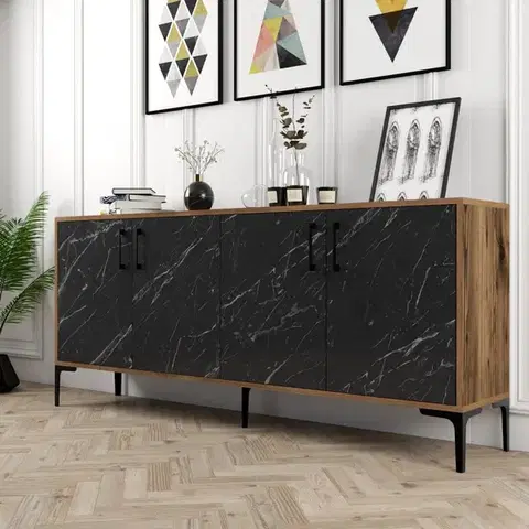 Konzolový stolík Kiev - Walnut, Black Marble