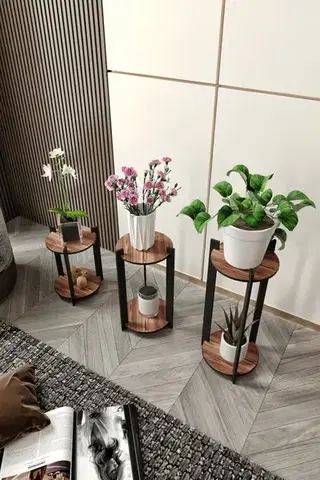 Wooden Plant Stand Flower Desk Round - Walnut