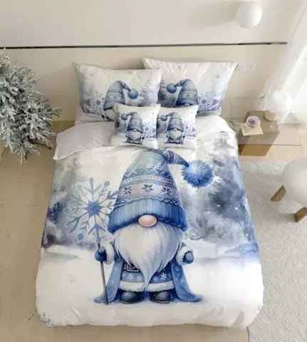 3 dielne Vianočné Flanelové obliečky 3D polycotton Modrý Trpaslík 200x140cm+90x70cm TiaHome