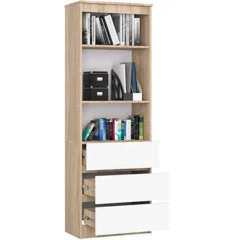 Kancelársky regál Rexa 60 cm 3 zásuvky a 2 police dub sonoma/biely
