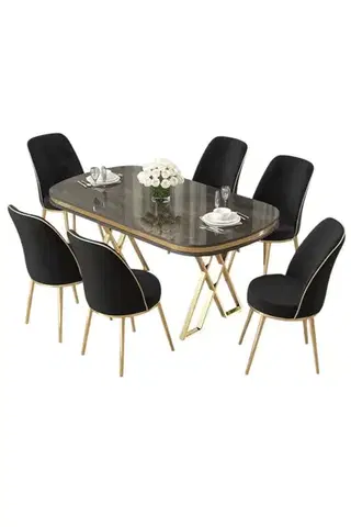 Dining Table & Chairs Set (7 Pieces) Lai - Anthracite, Gold, Black