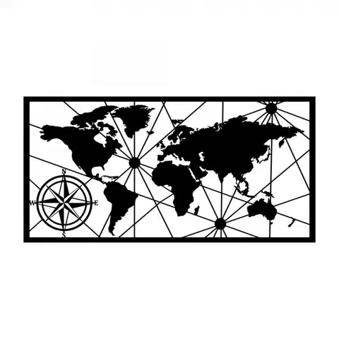 Nástenná kovová dekorácia Mapa sveta kompas 100x50 cm čierna