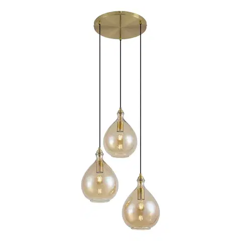 Smart hanglamp goud met amber glas 3-lichts incl. Wifi A60 - Traditional