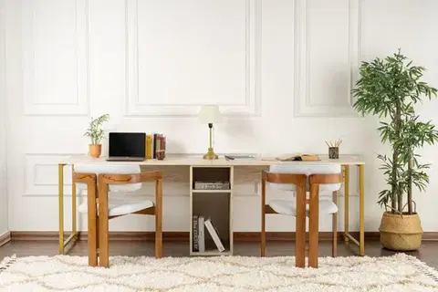 Písací stôl Twin Study Desk - Travertine, Gold