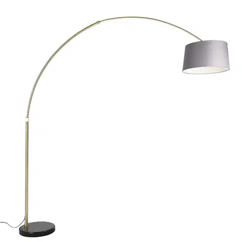 Oblúková lampa mosadz s mramorom a sivým látkovým tienidlom 45 cm - XXL
