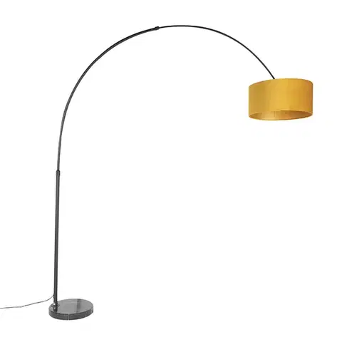 Oblúková lampa čierna s plyšovým tienidlom okrový žltý so zlatom 50 cm - XXL