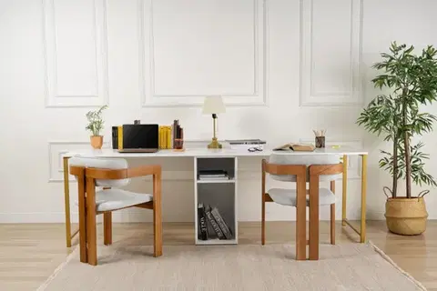 Písací stôl Twin Study Desk - White, Gold