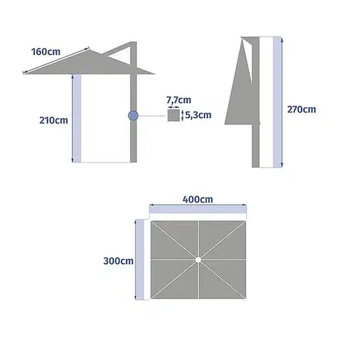 DEOKORK Slnečník výkyvný ULTIMA 4x3 m (rôzne farby) tmavo modrá