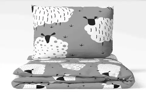 Obliečky deluxe bavlnené Ovečky sivé 200x140cm+90x70cm TiaHome