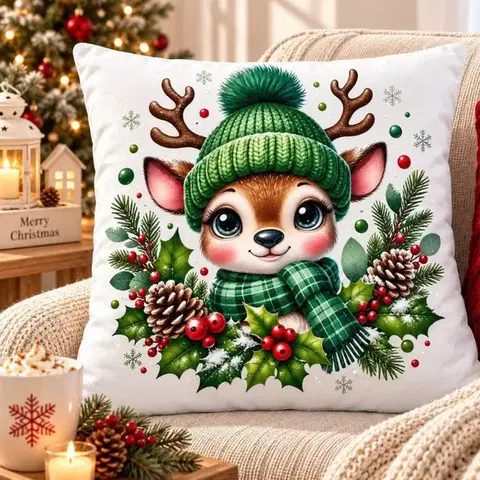 Vianočný vankúš antialergický Jeleň s čiapkou 45x45cm TiaHome