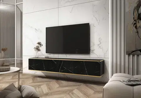 Závesný televízny stolík Oro 175 cm čierny mramor/zlatý
